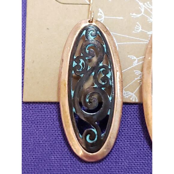 Copper Tone Metal Dangle Earrings, Oval Shape with Antiqued Bronze Scrollwork - Picture 2 of 10